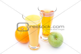 Glass of apple juice near a glass of orange juice