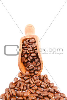 Wooden shovel filled of coffee beans 