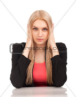 Business woman covering her ears