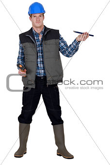craftsman holding a hammer and a wedge