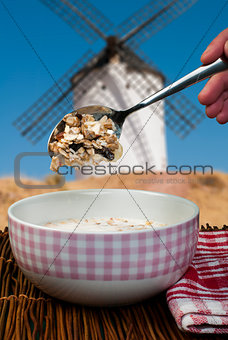 Muesli breakfast in a bow and spoon