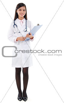 Southeast Asian female medical doctor holding a clipboard 
