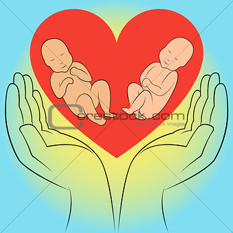 Two unborn babies in human hands