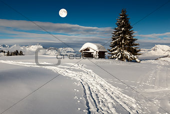Full Moon above Small Hut and Fir Tree on the Top of the Mountai