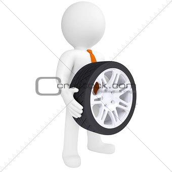 3D man holding a car wheel