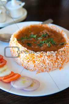 traditional Indian meal with rice and curry