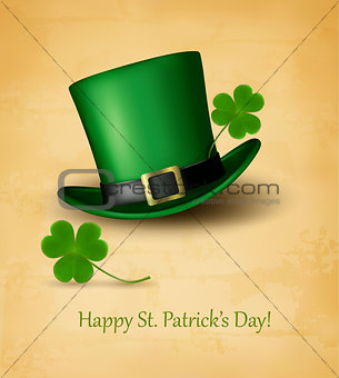 Saint Patrick's Day card with clove leaf and green hat. Vector 