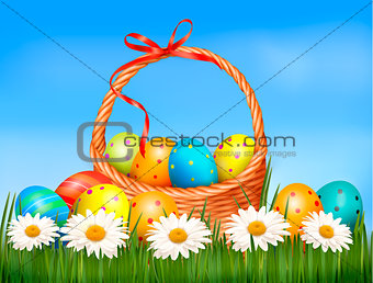 Easter background with easter eggs with basket in the grass. Vector