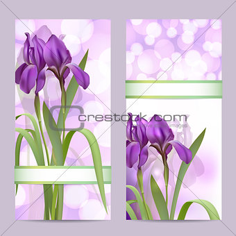 Set of spring banners with Purple Iris Flowers on bokeh background.