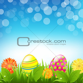 Green Border With Grass And Color Eggs And Bokeh