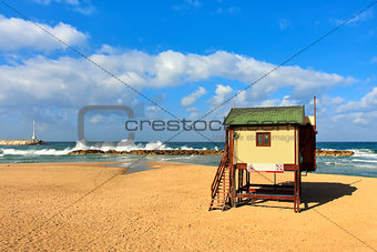 Lifeguard tower on the beach on Mediterranean sea.