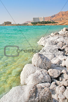 Salty shores on Dead Sea in Israel.