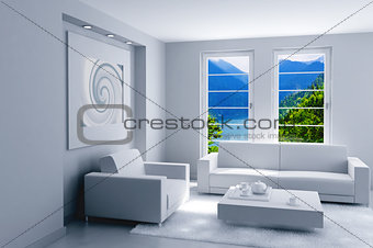 interior of light modern room with a beautiful landscape after a window