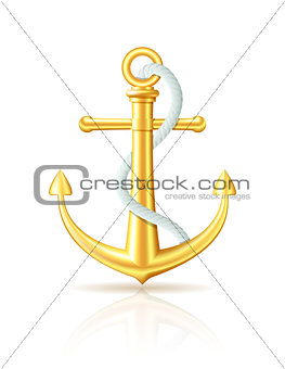 Gold anchor with rope on white background.