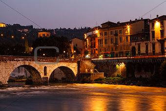 Ancient Roman Bridge over Adige River in Verona at Morning, Vene