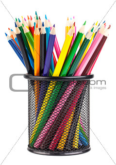 Various color pencils in black container