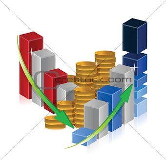 up and down business graphs and coins