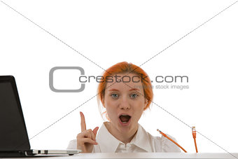 Surprised woman finding disconnected cables isolated on white