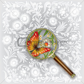 Magnifying glass with butterfly and flowers