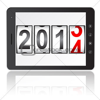 Tablet PC computer with 2014 New Year counter isolated on white 