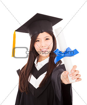 smiling Graduate woman Holding Degree Isolated On white Backgrou