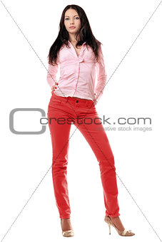 Lovely young woman in red jeans