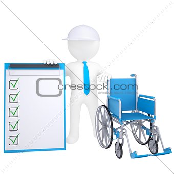 3d white man holding a wheelchair