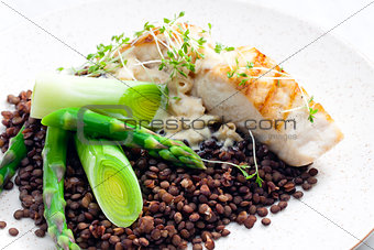 butterfish with green lentils, leek and green asparagus