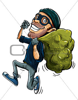 Cartoon thief running with a bag of stolen goods