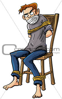 Angry man tied to a chair with ropes