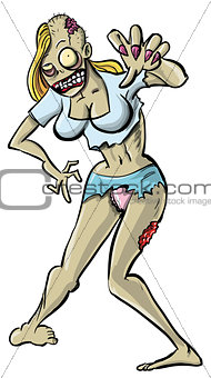 Grotesque female zombie in a miniskirt