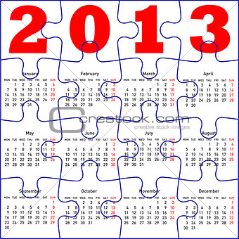 calendar for 2013,  jigsaw puzzle. Vector Illustration.
