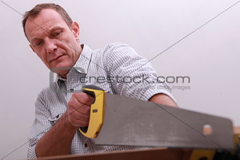 Middle-aged carpenter using hand-saw