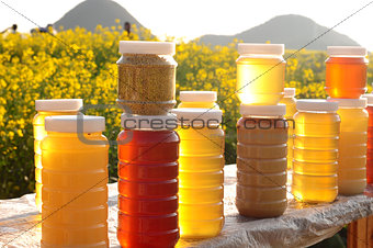 Bottles of fresh honey