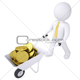 3d white man carries a wheelbarrow of gold coins