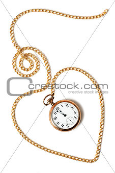 Heart chain with old pocket watch isolated on white background