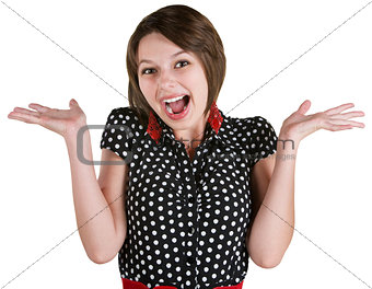 Excited Woman with Hands Up
