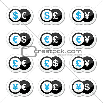 Currency exchange icons set - dollar, euro, yen, pound