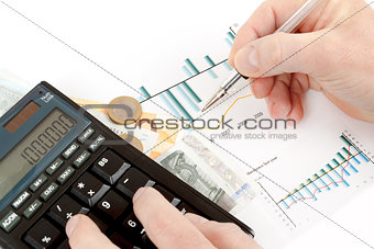 calculator, charts, pen in hand, business cards, money, workplace businessman, business 
