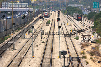 Trains on the tracks. Tel Aviv, Israel.