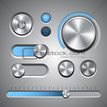 Set of the detailed UI elements with knob, switches and slider in metallic style.