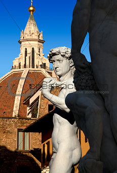 David by Michelangelo and Dome of The Cathedral - Florence Italy