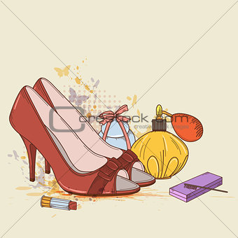 Red shoes and cosmetics