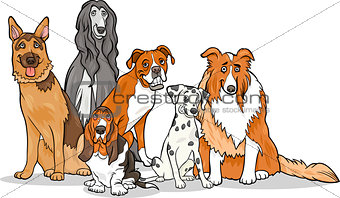 cute purebred dogs group cartoon illustration