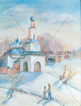 Winter landscape with a temple