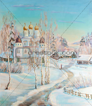 Winter landscape with a temple