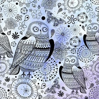 graphic pattern of owls and butterflies