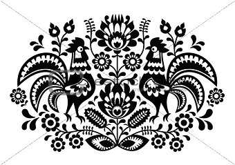 Polish floral embroidery with roosters - traditional folk pattern