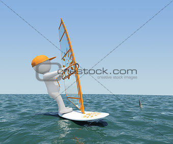 3d man on board with sail floating on the sea