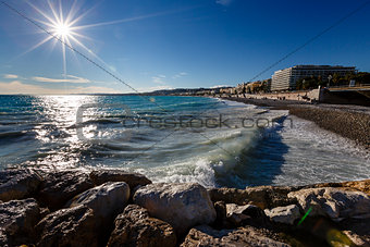 Azure Sea and Beautiful Beach in Nice, French Riviera, France